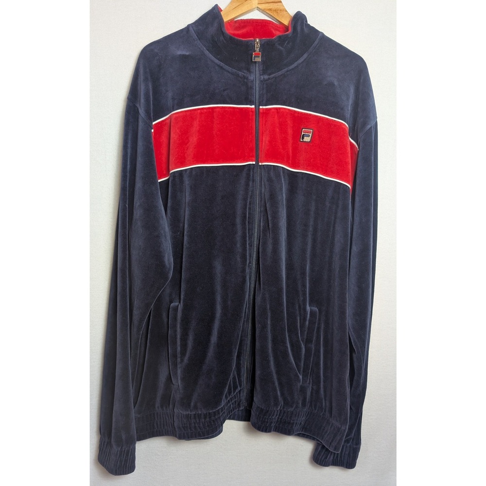 Fila Mens Velour Track Jacket Navy Blue Red Stripe Full Zip Mock Neck 3XL